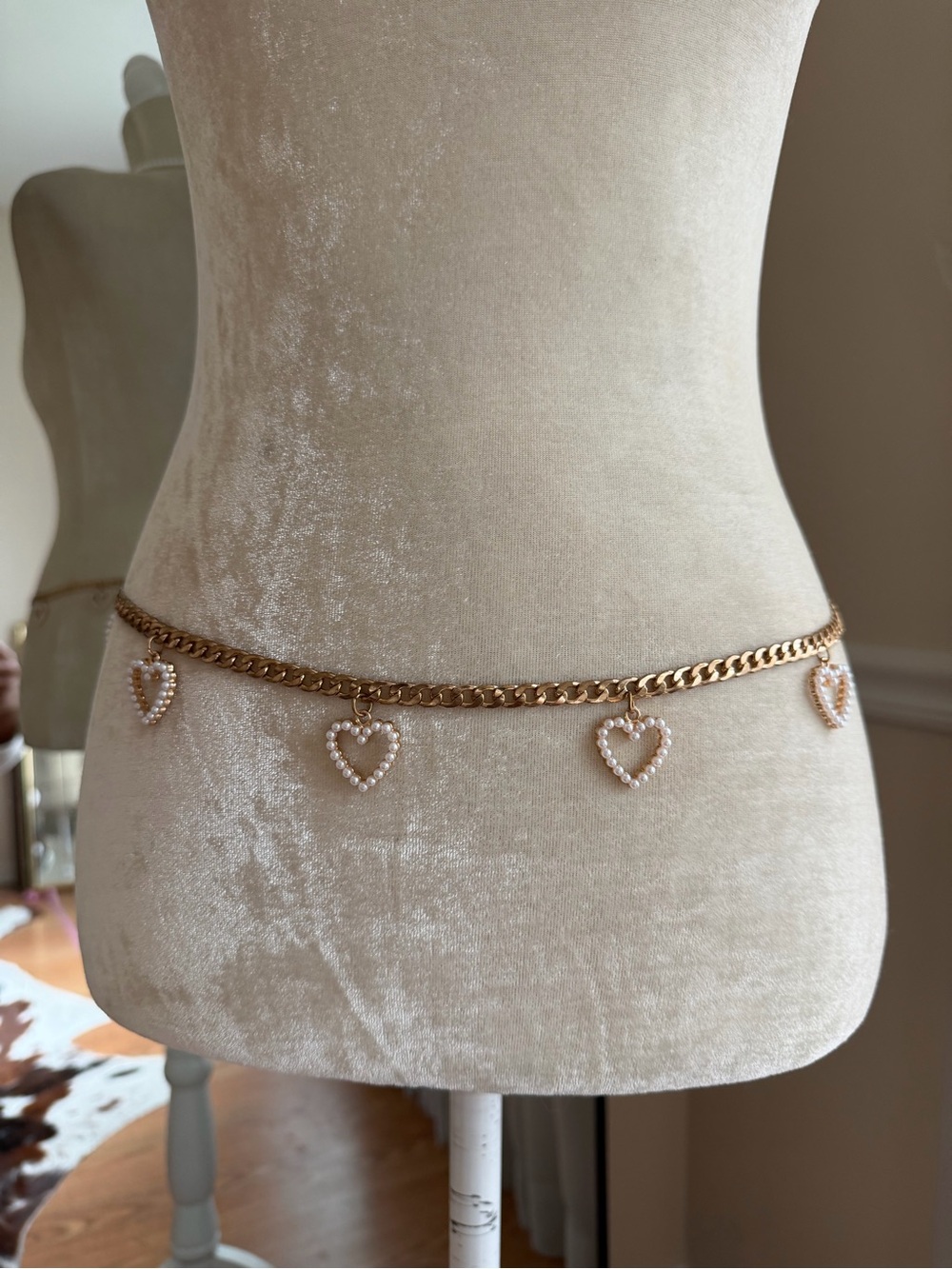 Urban Outfitters Gold Heart Charm Waist Chain Belt with Pearl Accents